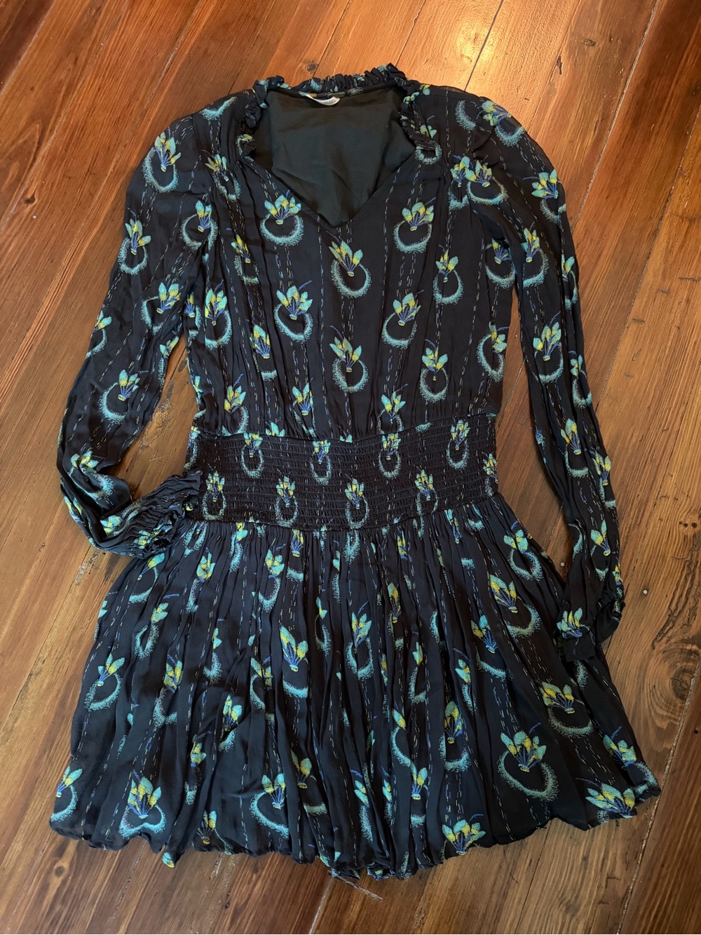 Free People Black Floral Long-Sleeve Smocked Waist Mini Dress